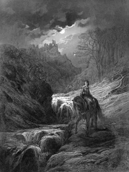 Der Ritt im Mondschein, Illustration aus „Idyllen des Königs“ von Alfred Tennyson, 1868